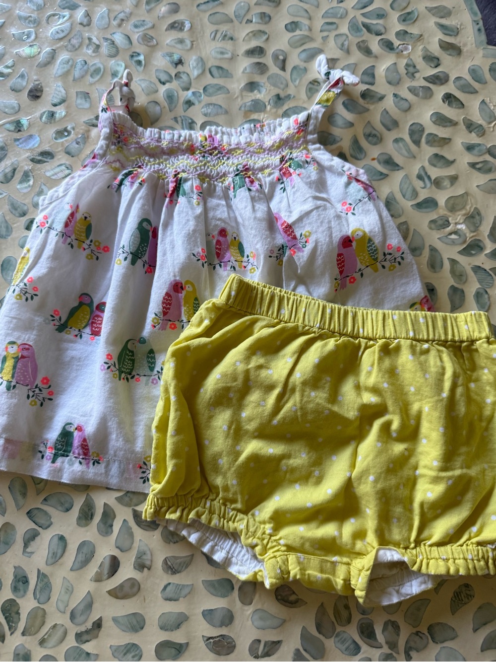 Baby Boden Yellow Dot Bloomers & White Parrot Print Tank Set